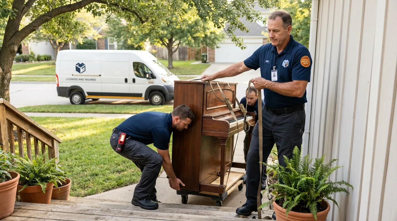Licensed piano movers securing grand piano in Irvington, NY
