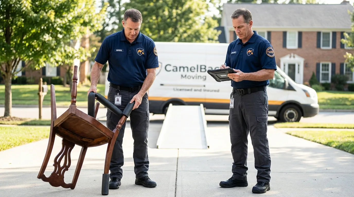Movers inspecting furniture for damage prevention before loading in Irvington, NY